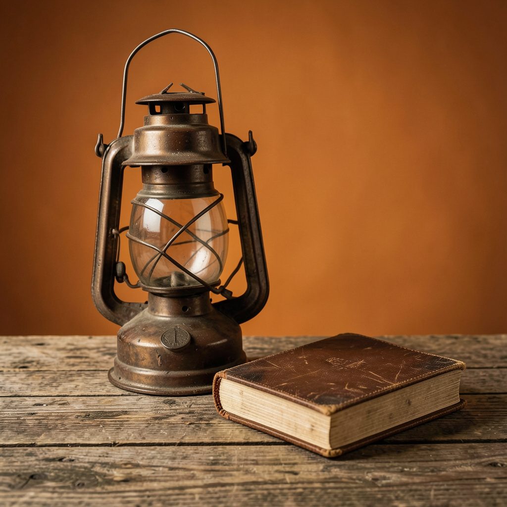 A studio photograph of a vintage mining lantern and a worn leather-bound journal resting on a rustic wooden surface, in warm sepia tones against a dark background.
