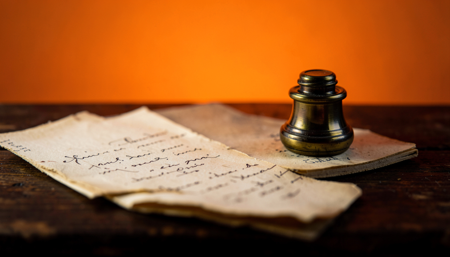 A warm, softly lit close-up of aged handwritten letters and a brass inkwell on a wooden desk, rich browns and muted gold tones against a dark background.